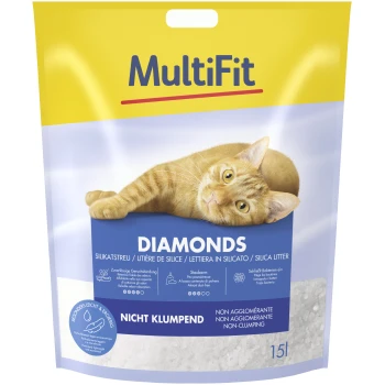 diamonds 15 l MultiFit Diamonds silica cat litter bag with an orange tabby cat, showcasing non-clumping and odor control features.