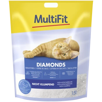 MultiFit Diamonds silica cat litter bag with an orange tabby cat, showcasing non-clumping and odor control features.