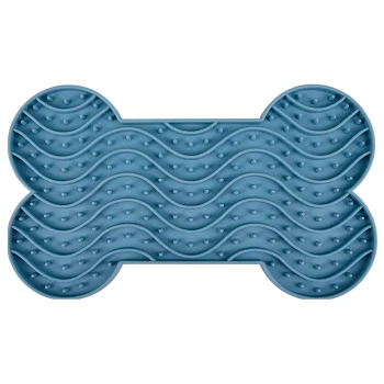 Blaues Silikon-Hundefuttermatte in Knochenform, mit gewellten Mustern und erhöhten Punkten für Stabilität.