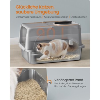 Eine flauschige weiß-orange Katze verlässt eine graue Katzentoilette mit der Aufschrift "90 L," mit Text über Sauberkeit und Verschüttungsverhinderung.