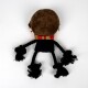 Plush dog toy resembling a person with brown head, black body, red and yellow scarf, and four black rope limbs with knots.