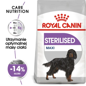 Torba z jedzeniem dla psów Royal Canin Sterilised Maxi z ilustracją czarnego i brązowego psa, z tekstem podkreślającym żywienie pielęgnacyjne i -14% kalorii.