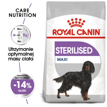 Torba z jedzeniem dla psów Royal Canin Sterilised Maxi z ilustracją czarnego i brązowego psa, z tekstem podkreślającym żywienie pielęgnacyjne i -14% kalorii.