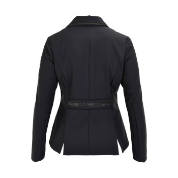 Rückansicht einer schwarzen Haustierjacke mit glänzendem schwarzen Besatz am Kragen und an der Taille, entworfen für Haustiere.