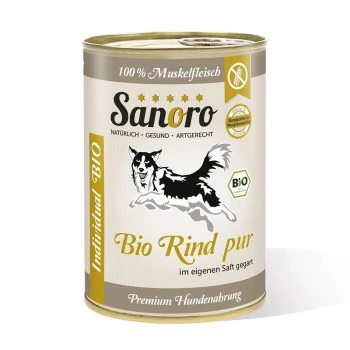 Dose Sanoro Bio-Hundefutter mit einer Illustration eines springenden Hundes, beschriftet mit "Bio Rind pur" und "100% Muskelfleisch" sowie "Premium Hundenahrung."