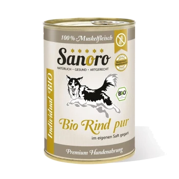 Dose Sanoro Bio-Hundefutter mit einer Illustration eines springenden Hundes, beschriftet mit "Bio Rind pur" und "100% Muskelfleisch" sowie "Premium Hundenahrung."