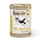 Dose Sanoro Bio-Hundefutter mit einer Illustration eines springenden Hundes, beschriftet mit "Bio Rind pur" und "100% Muskelfleisch" sowie "Premium Hundenahrung."