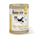 Dose Sanoro Bio-Hundefutter mit einer Illustration eines springenden Hundes, beschriftet mit "Bio Rind pur" und "100% Muskelfleisch" sowie "Premium Hundenahrung."