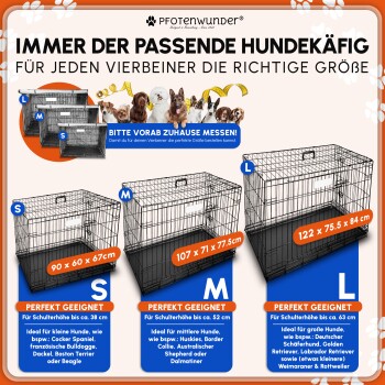Schwarzer Metall-Haustierkäfig auf Gras mit einem Maßband, das etwa 110 cm Länge zeigt, und angehängten Anleitungspapieren.
