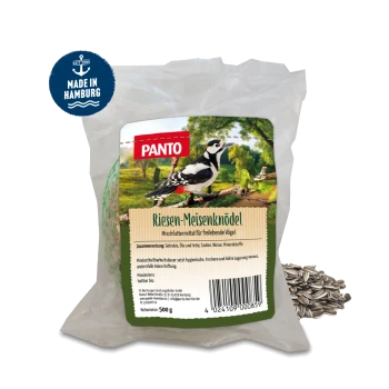 PANTO Meisenringe Vogelfutterverpackung mit zwei bunten Vögeln, einer Kohlmeise und einer Blaumeise, mit Text, der Zutaten und Menge hervorhebt.