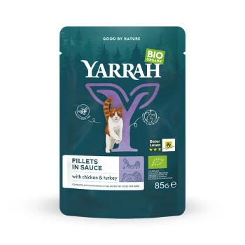 Yarrah BIO Bio-Katzenfutterbeutel mit Filets in Sauce mit Huhn und Pute, 85g, mit einer Katzenillustration und umweltfreundlichen Symbolen.