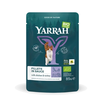 Yarrah BIO Bio-Katzenfutterbeutel mit Filets in Sauce mit Huhn und Pute, 85g, mit einer Katzenillustration und umweltfreundlichen Symbolen.