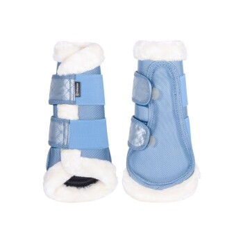 Helle blaue Haustierstiefel mit weichem weißen Fleece-Futter und verstellbaren Riemen, entworfen für Komfort und Schutz.