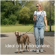 Frau in Jeans-Latzhose, die einen braunen Hund an der Leine in einem Park führt, mit dem Text „Ideal als Umhängeleine In der 3m Version“.