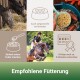 Bild von Pferden in Ställen, Pferdefutter in einer Schüssel mit Karotten und einem Reiter auf einem Pferd. Text: "Empfohlene Fütterung" und Fütterungsanweisungen.