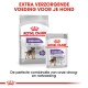 Royal Canin Sterilised hondenvoer verpakking, met een 'MINI' zak en 'ALL SIZES' zak, promoot ideaal gewichtsonderhoud.