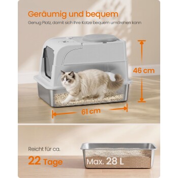 Grau überdachte Katzentoilette mit langhaariger Katze, gekennzeichnet mit 61 cm x 46 cm; Text: „Geräumig und bequem“, „22 Tage“, „Max. 28 L“.