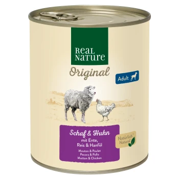 Blik van Real Nature Original hondenvoer gelabeld 'Schaf & Huhn' met lam en kip, met illustraties van een schaap en een kip.