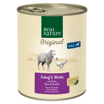 Dose Real Nature Original Hundefutter mit der Aufschrift "Schaf & Huhn" mit Lamm und Huhn, mit Illustrationen eines Schafes und eines Huhns.