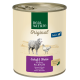 Boîte de nourriture pour chien Real Nature Original étiquetée "Schaf & Huhn" avec de l'agneau et du poulet, présentant des illustrations d'un mouton et d'un poulet.