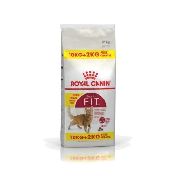 Royal Canin Katzenfutterbeutel, 12 kg, mit einer Illustration einer braunen Katze, mit dem Text "10KG+2KG GRATIS" und "Regular FIT 32".