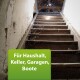Treppe, die zu einem Dachboden führt, mit sichtbarem Staub und Spinnweben, begleitet von einer grünen Box mit dem Text "Für Haushalt, Keller, Garagen, Boote."
