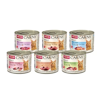 Carny Nassfutter Katze Adult, Mixpaket 6x200 g Sechs Dosen Animonda Carny Katzenfutter für Erwachsene, mit verschiedenen Geschmacksrichtungen wie Truthahn mit Lamm, Huhn mit Leber und Lachs.