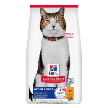Hill's Science Plan cat food bag with large tabby cat, Mature Adult 7+, 3 Essential Benefits, with chicken