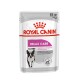 Royal Canin Relax Care Hundefutterbeutel, 85g, mit einer Illustration eines Französischen Bulldogs, mit Text in Englisch, Französisch, Deutsch und Russisch.
