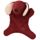 Een pluche hondenspeelgoed in de vorm van een rode hond met flaporen en een hartontwerp op zijn lichaam.
