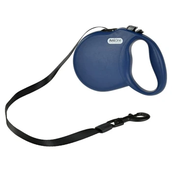 Une laisse rétractable bleue pour chien avec une poignée confortable et une sangle en nylon noire, dotée d'un clip en métal pour l'attache.