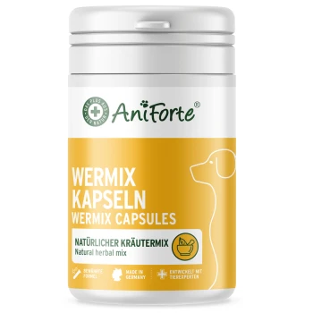 Behälter mit AniForte WermiX-Kapseln für Haustiere, gekennzeichnet als 100% natürlich, mit Details zu Ergänzungsfutter und Kräutermischung.
