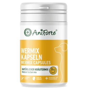 Behälter mit AniForte WermiX-Kapseln für Haustiere, gekennzeichnet als 100% natürlich, mit Details zu Ergänzungsfutter und Kräutermischung.