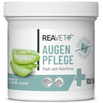 Behälter mit REAVET+ Augenpflege-Pads mit Aloe Vera, die grüne Aloe-Scheiben zeigen, und Text, der "100 Stk" und "parfümfrei" angibt.