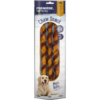 Premiere I Love My Dog Chew Snack packaging featuring twisted lamb-flavored treats, with a golden retriever image and "Maxi Rolls" label.