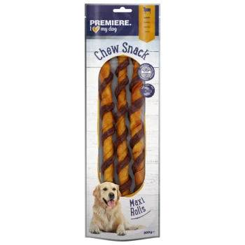 Premiere I Love My Dog Chew Snack verpakking met gedraaide lamsmaak traktaties, met een afbeelding van een golden retriever en het label 'Maxi Rolls'.
