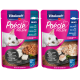 Zwei Beutel Vitakraft Poésie Délice Katzenfutter mit einer weißen Katze auf pinkem Hintergrund; Kabeljau und schwarzer Seelachs, beide zuckerfrei und getreidefrei.