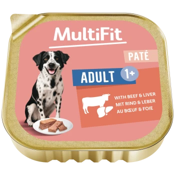 Barquette MultiFit Pâté Adult 1+ pour chien — chien noir et blanc, assiette de pâté bœuf et foie, couvercle en feuille dorée.