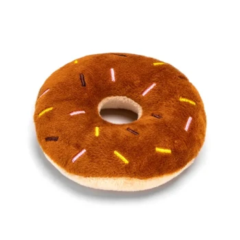 Plüsch-Hundespielzeug in Form eines Donuts, mit einem braunen Äußeren, bunten Streuseln und einem zentralen Loch.