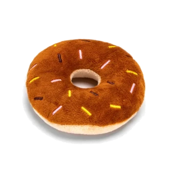 Plüsch-Hundespielzeug in Form eines Donuts, mit einem braunen Äußeren, bunten Streuseln und einem zentralen Loch.