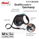 Black Flexi retractable dog leash with ergonomic grip, sturdy tape, 5m length, 25kg capacity, and quality made in Germany.