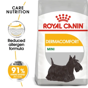 Royal Canin Dermacomfort Mini dog food bag with a Scottish Terrier illustration and text: "Reduced allergen formula" and "91% satisfied."