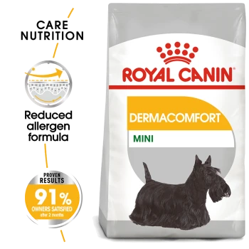Royal Canin Dermacomfort Mini dog food bag with a Scottish Terrier illustration and text: "Reduced allergen formula" and "91% satisfied."