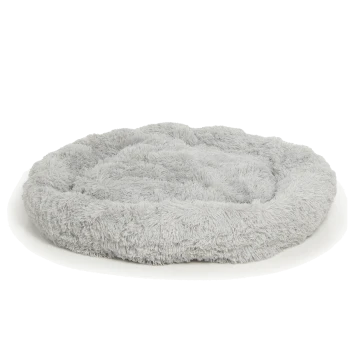 Rundes, flauschiges graues Haustierbett mit einer weichen, plüschigen Textur, entworfen für Komfort und Entspannung.