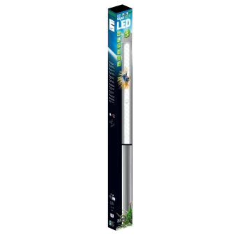 Opakowanie LED solarnej lampy akwariowej z kolorową grafiką ryby, szczegółami produktu i ikonami efektywności energetycznej.
