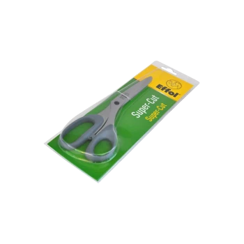 Graue Schere mit der Bezeichnung "Effol Super-Cut" auf einer grün-gelben Verpackung, entworfen für die Pflege von Haustieren.