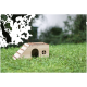 Ein kleines Holzhaustierhaus mit einem schrägen Dach und einer Leiter, auf grünem Gras platziert, mit einem runden Eingang und einem Fenster.