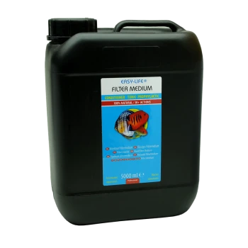 Schwarzer Behälter mit der Aufschrift "EASY-LIFE FILTERMEDIUM", 5000 ml, für Süßwasseraquarien, mit einem Fischgrafik und 100% natürlichen Ansprüchen.