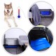 Ein Husky liegt auf einer kühlen blauen Haustiermatte, umgeben von Bildern der Matte in einem Hundebett, einer Kiste und einem Autositz, die Komfort fördern.