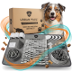 Australian Shepherd mit Pfoten auf grauer URBAN PAUL Schnüffelmatte mit Stofffütterern, grüner Farbklecks-Hintergrund.